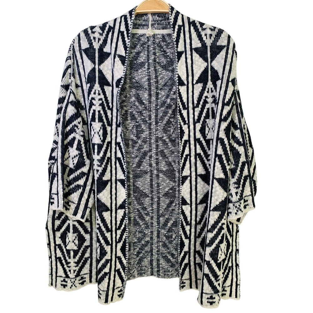 Black White Aztec Print Open Front Cardigan S Cozy Southwestern Prairie Layer